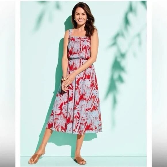 Talbots Breezy Oasis Palm Voile Fit & Flare Lightweight Cotton Dress 8 - Picture 1 of 6